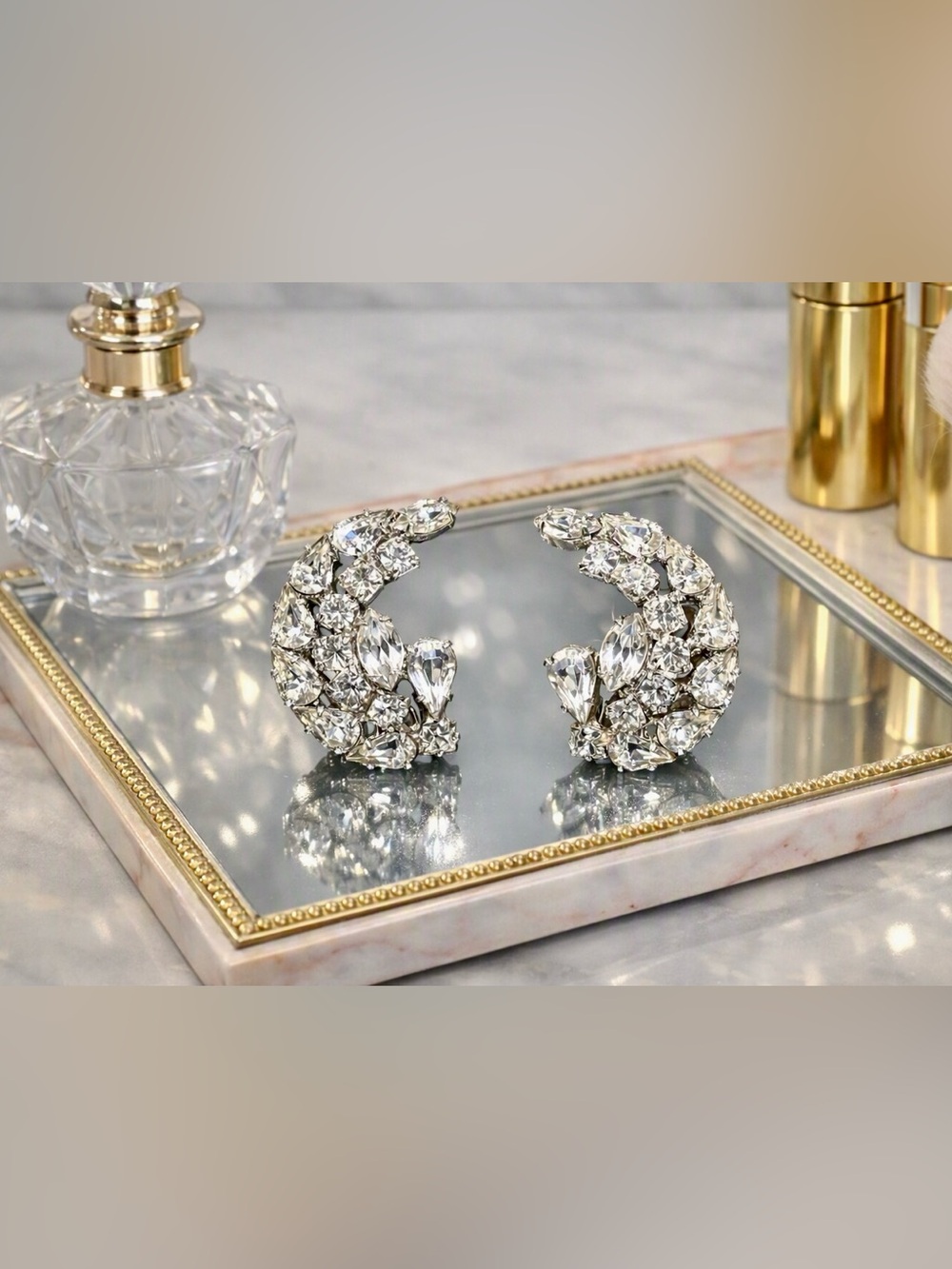Albert Weiss Vintage Crystal Crescent Earrings - Silver